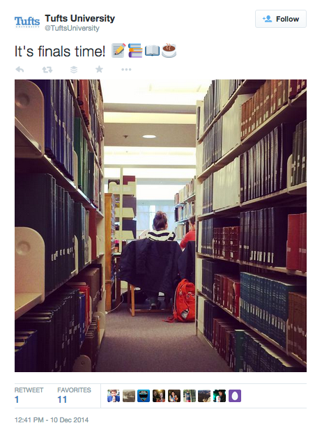 Tweet by Tufts University with photo of student in library