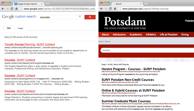 Web search results for "courses" at SUNY Cortland and SUNY Potsdam in New York.