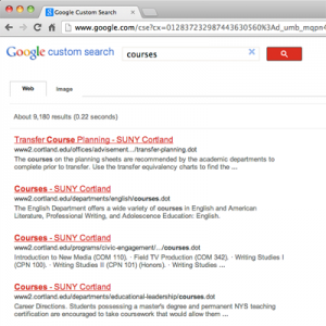 Web search results for “courses” at SUNY Cortland show duplicate page titles.